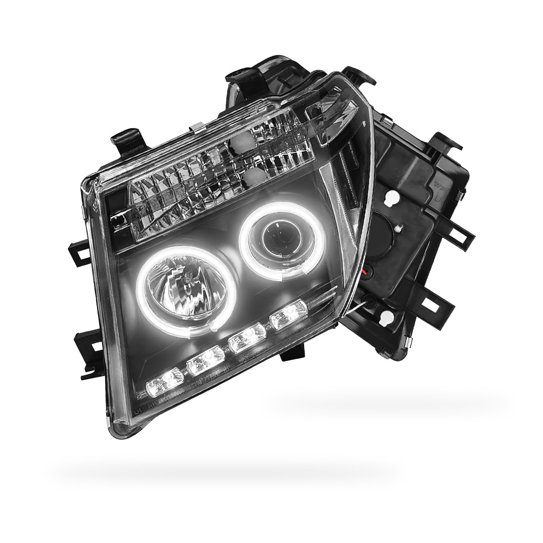 Nissan Navara D40 (2005 - 2014) Black CCFL Angel Eyes Projector Headlights LH + RH