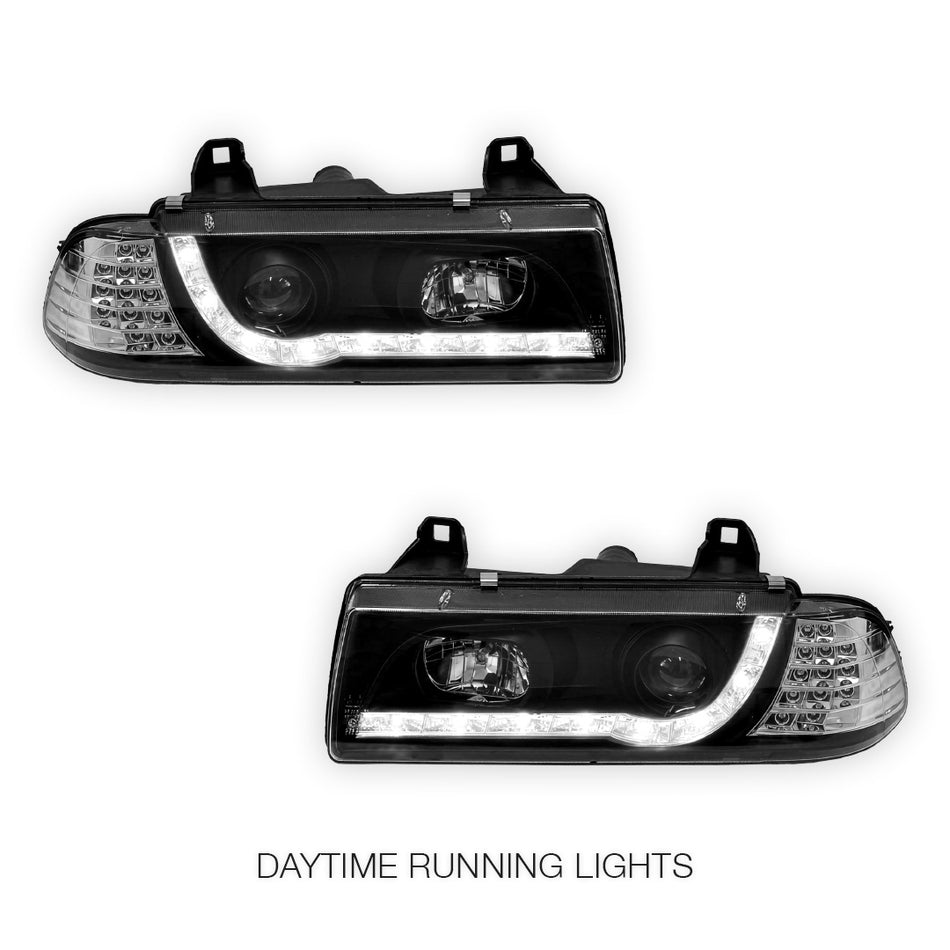 BMW 3 Series E36 (1991 - 1999) Black DRL LED Headlights LH + RH