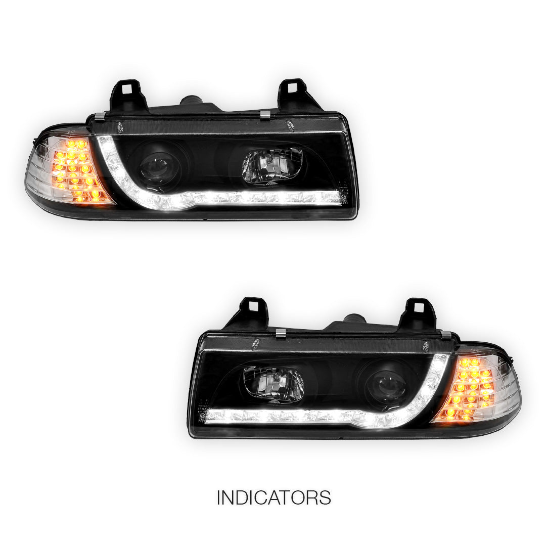 BMW 3 Series E36 (1991 - 1999) Black DRL LED Headlights LH + RH