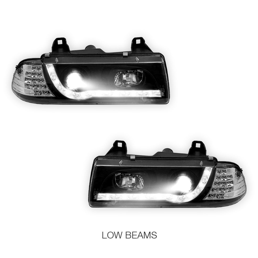 BMW 3 Series E36 (1991 - 1999) Black DRL LED Headlights LH + RH