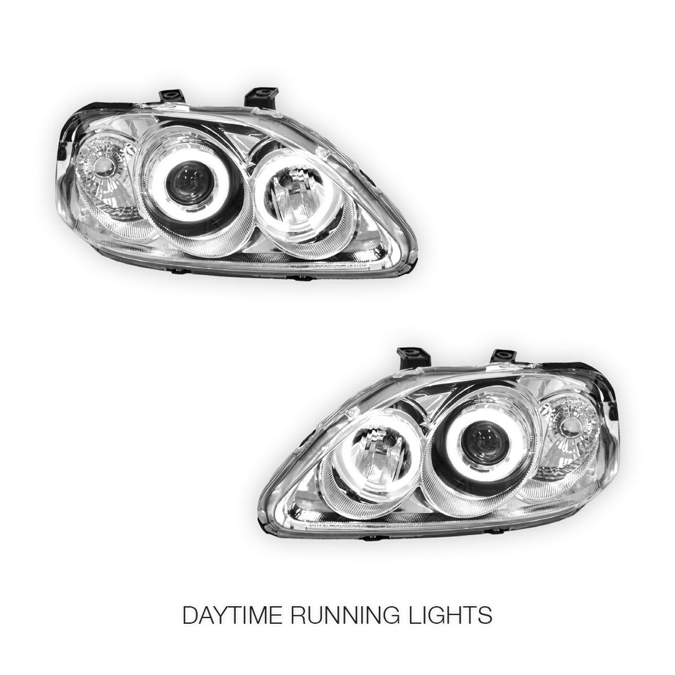 Honda Civic EK (1999 - 2000) Crystal Clear Angel-Eyes Projector Headlights LH + RH