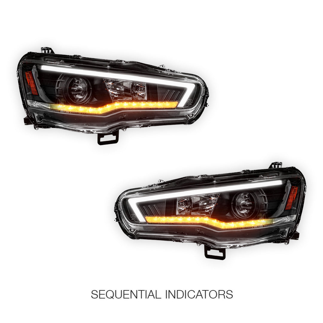 Mitsubishi Lancer Evo 10 (2007 - 2017) Xenon / HID Model LED DRL Projector Headlights LH + RH