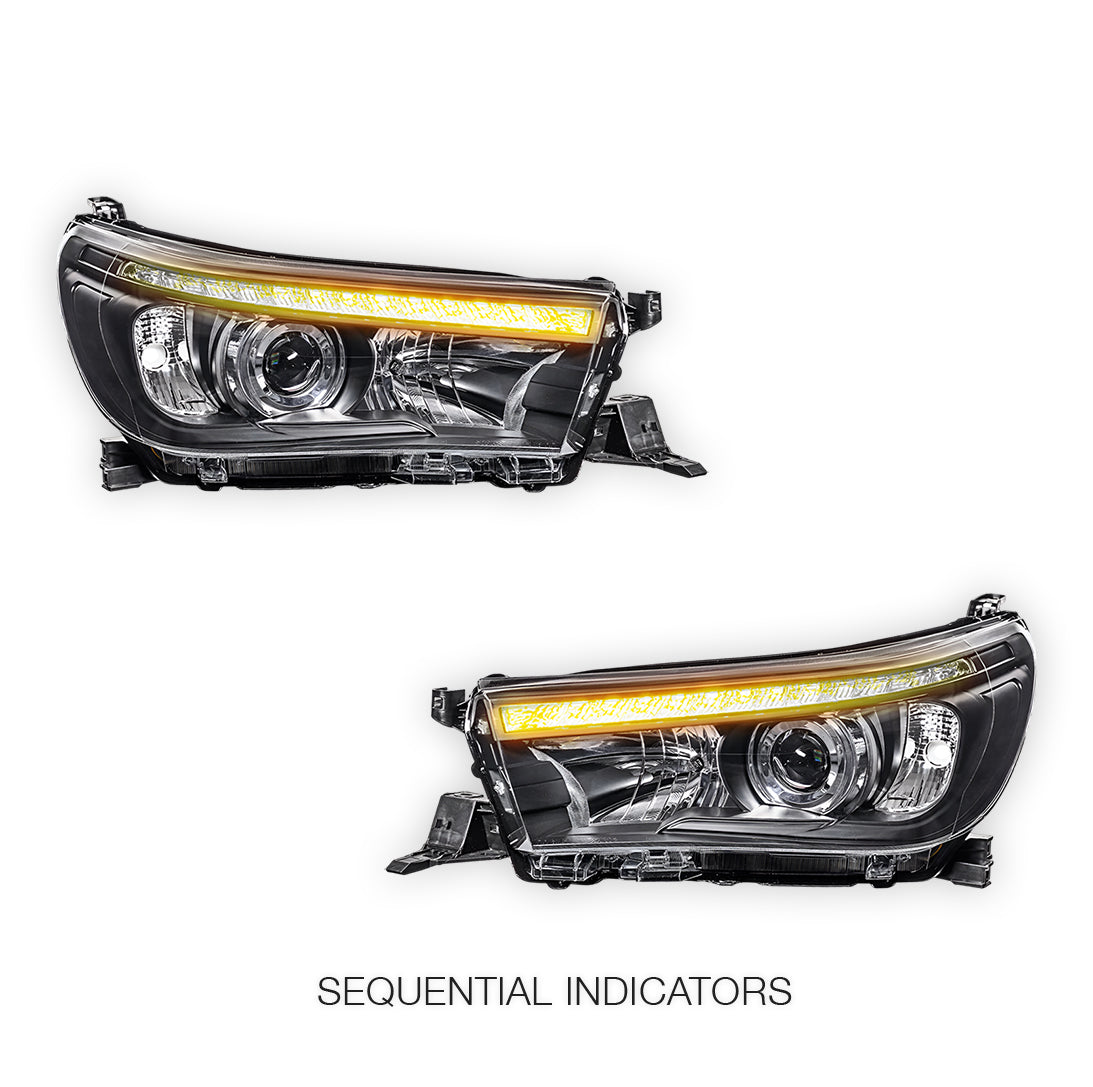 Toyota HiLux N80 (2015 - 2020) LED DRL Projector Headlights with Sequential Indicators LH + RH