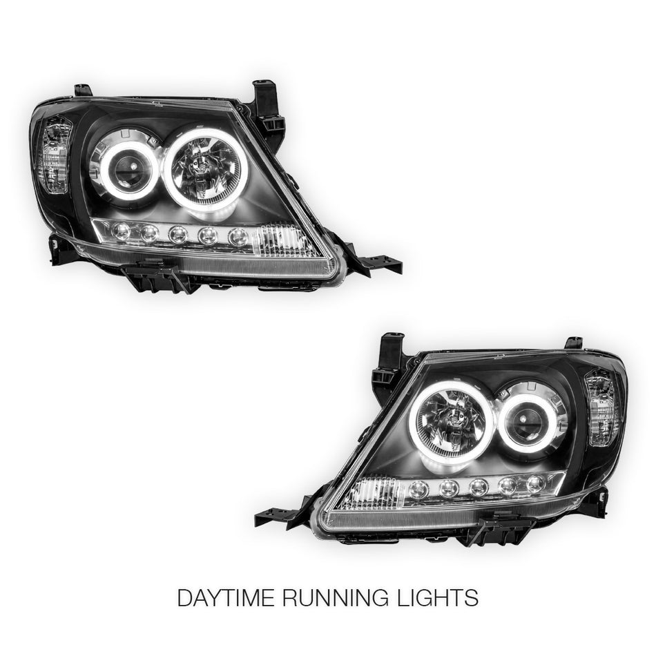 Toyota HiLux N70 (2005 - 2011) High Power LED DRL Angel Eyes Projector Headlights LH + RH