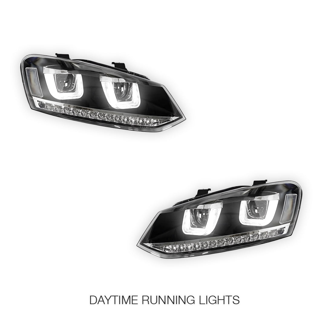 Volkswagen Polo 6R (2010 - 2016) R Style LED DRL Projector Head Lights with Sequential Indicators LH + RH