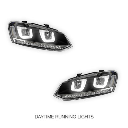 Volkswagen Polo 6R (2010 - 2016) R Style LED DRL Projector Head Lights with Sequential Indicators LH + RH