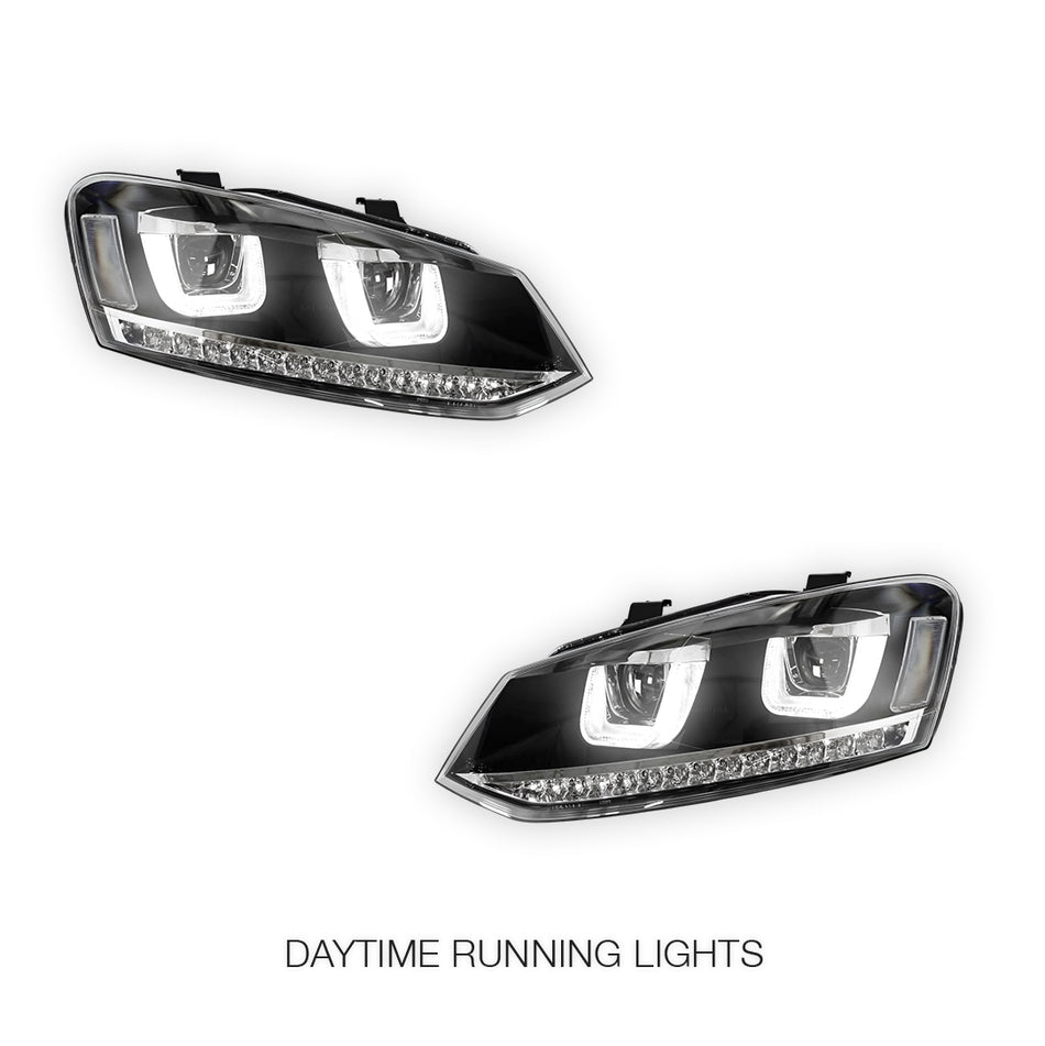 Volkswagen Polo 6R (2010 - 2016) R Style LED DRL Projector Head Lights with Sequential Indicators LH + RH