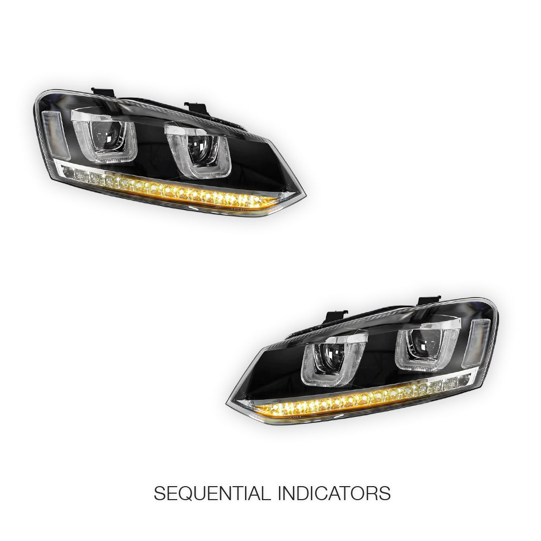 Volkswagen Polo 6R (2010 - 2016) R Style LED DRL Projector Head Lights with Sequential Indicators LH + RH