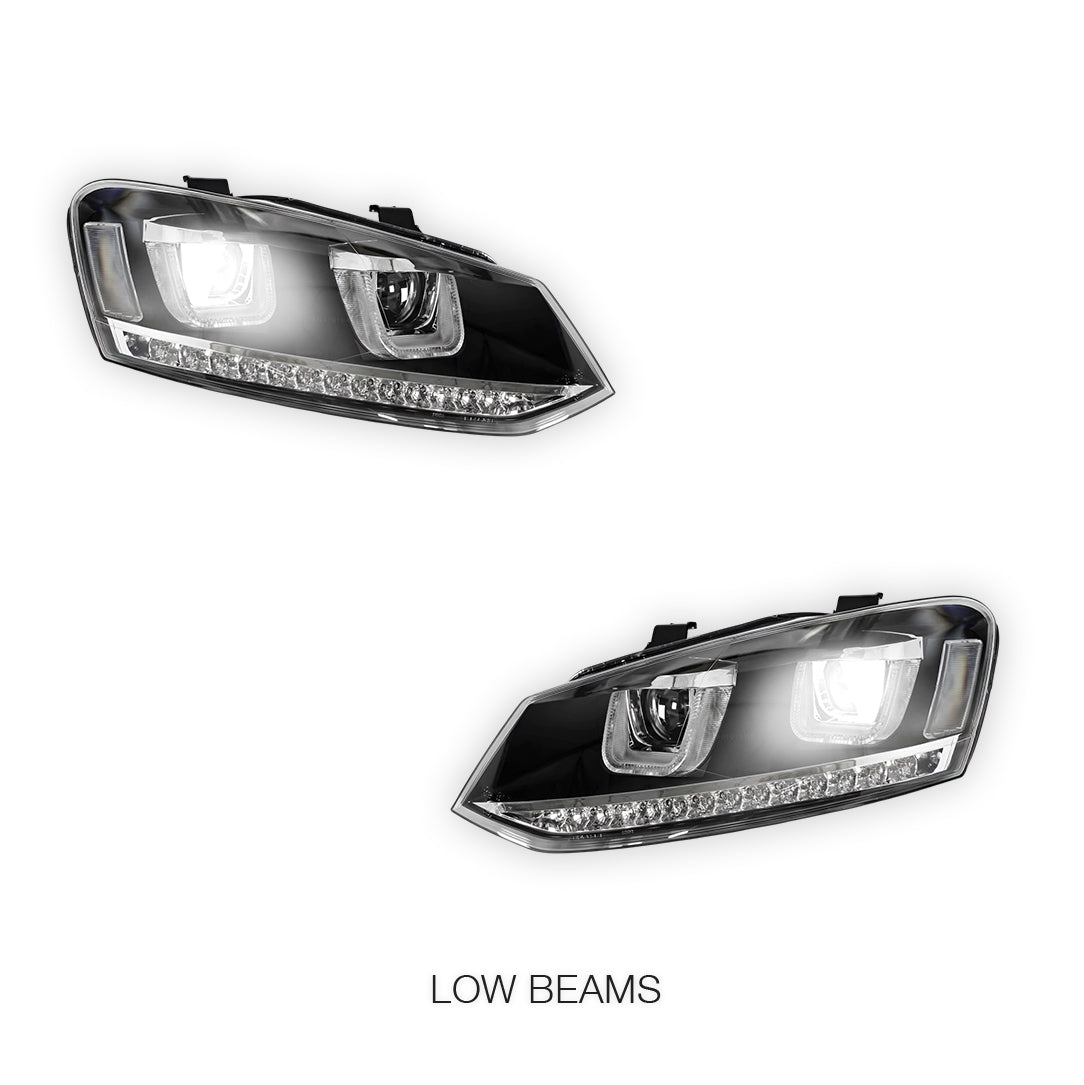Volkswagen Polo 6R (2010 - 2016) R Style LED DRL Projector Head Lights with Sequential Indicators LH + RH
