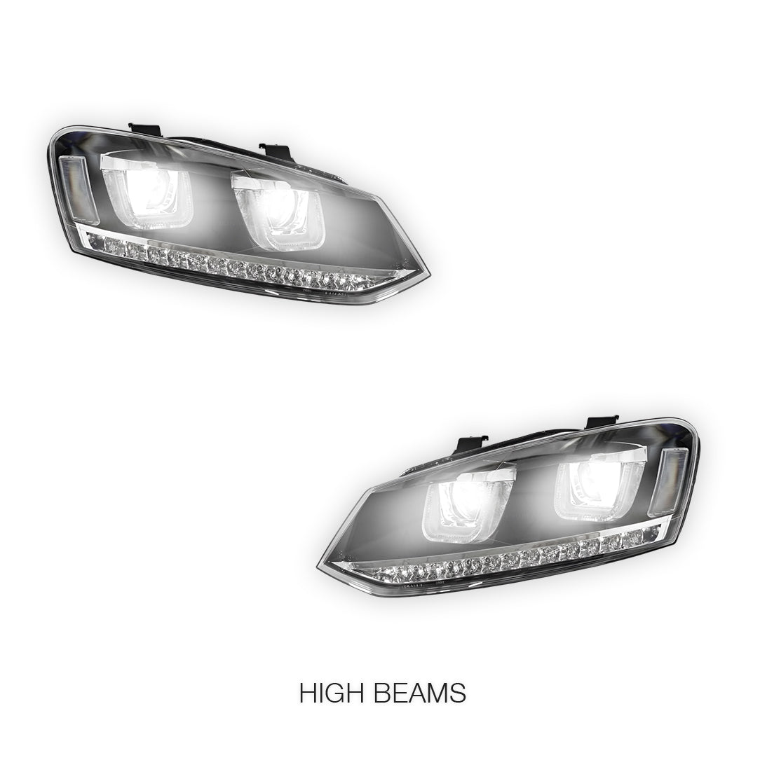 Volkswagen Polo 6R (2010 - 2016) R Style LED DRL Projector Head Lights with Sequential Indicators LH + RH