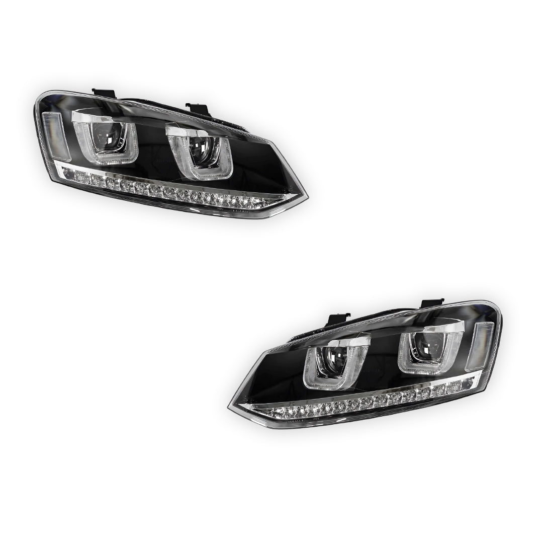 Volkswagen Polo 6R (2010 - 2016) R Style LED DRL Projector Head Lights with Sequential Indicators LH + RH