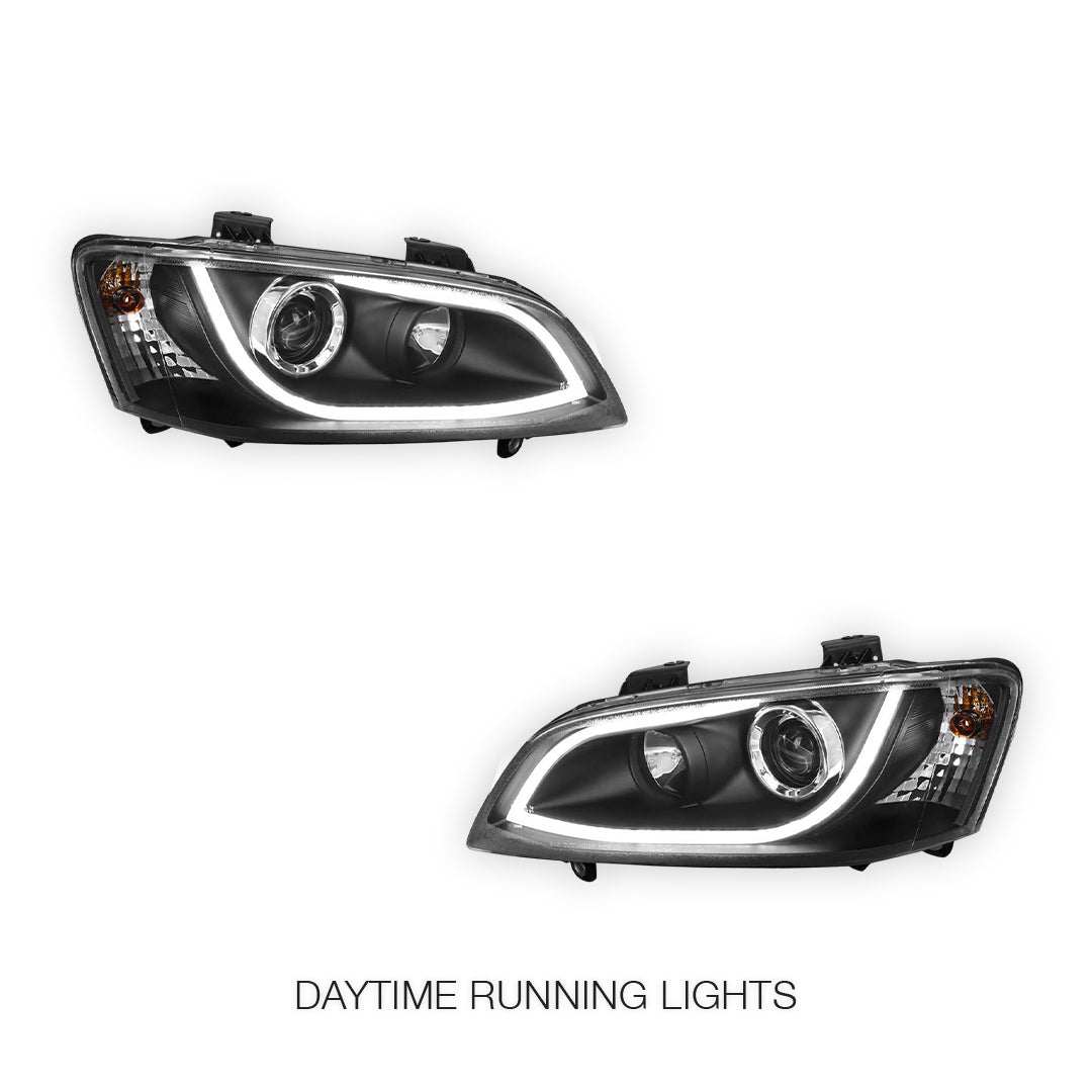 Holden Commodore VE Series 1 (2006 - 2009) Black DRL LED Projector Headlights LH + RH