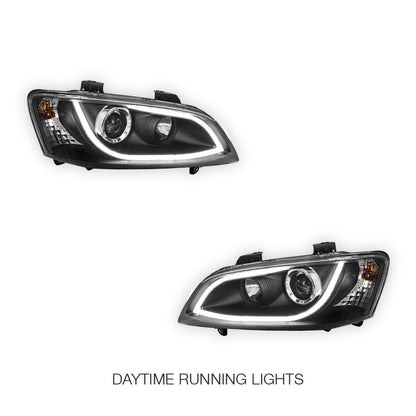 Holden Commodore VE Series 1 (2006 - 2009) Black DRL LED Projector Headlights LH + RH