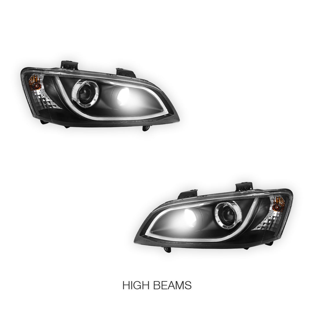 Holden Commodore VE Series 1 (2006 - 2009) Black DRL LED Projector Headlights LH + RH
