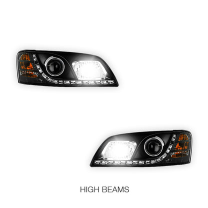 Holden Commodore VE Series 1 (2006 - 2009) Black DRL LED Projector Headlights LH + RH