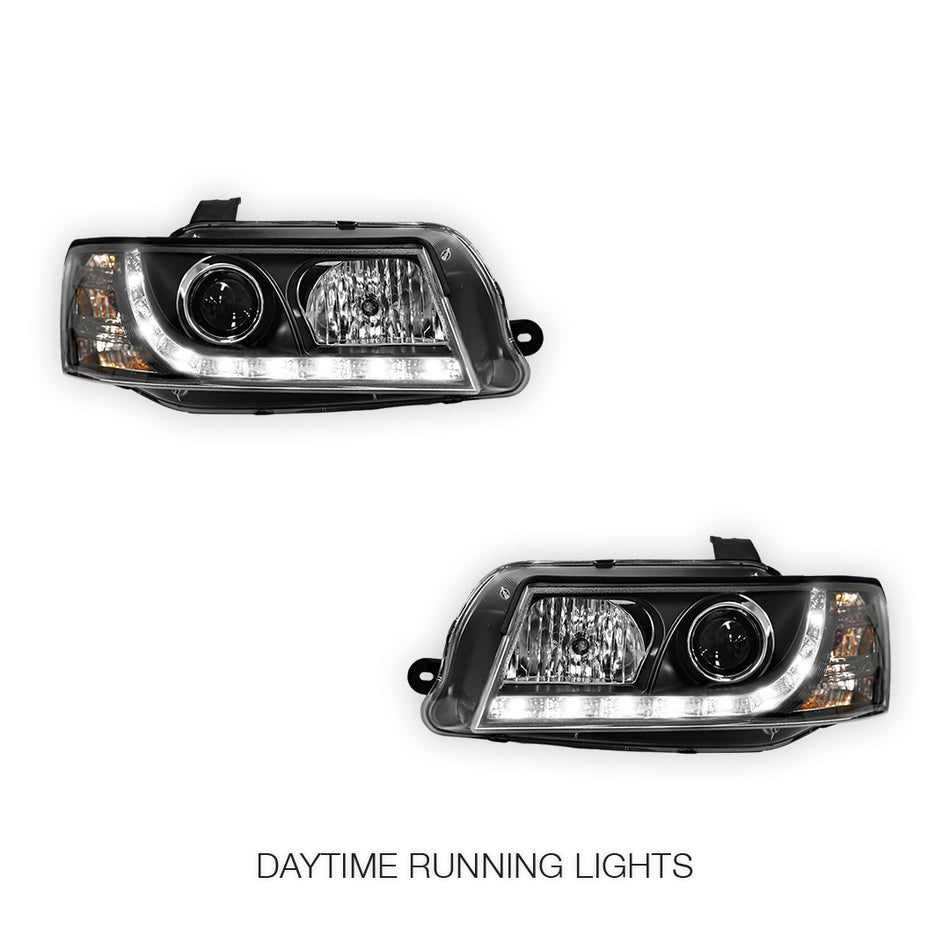 Holden Commodore VZ (2004 - 2007) Black DRL LED Projector Headlights LH + RH