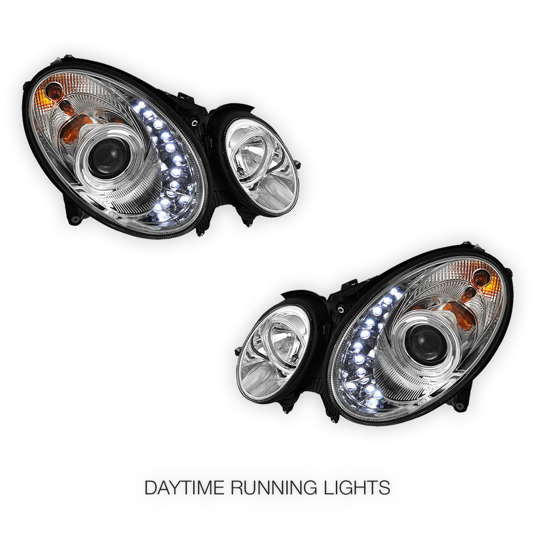 Mercedes-Benz E-Class W211 (2003 - 2008) Halogen Model Crystal DRL LED Projector Headlights LH + RH