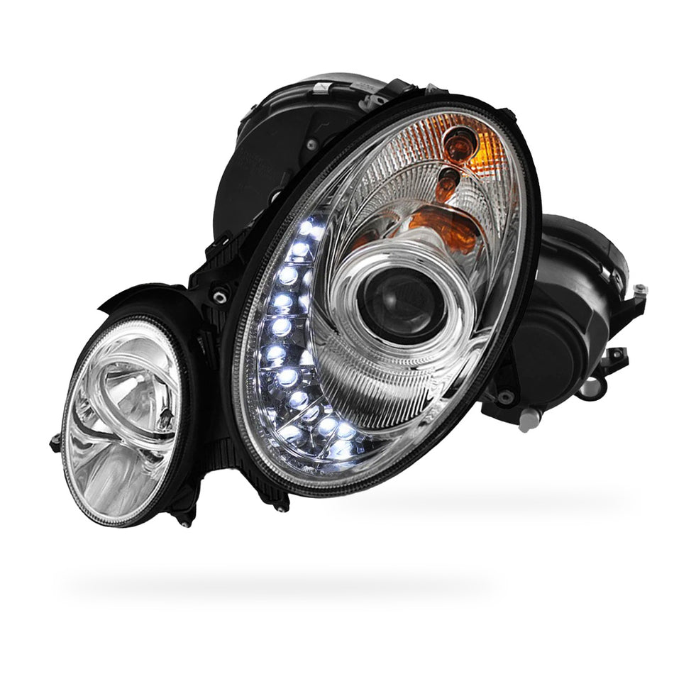 Mercedes-Benz E-Class W211 (2003 - 2008) Halogen Model Crystal DRL LED Projector Headlights LH + RH