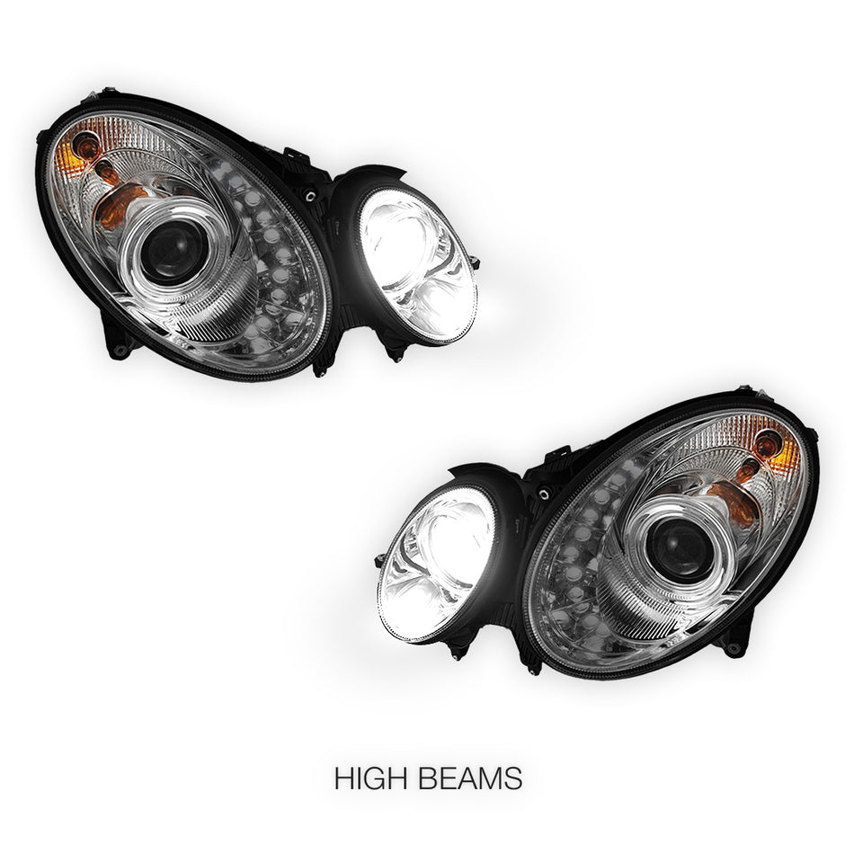 Mercedes-Benz E-Class W211 (2003 - 2008) Halogen Model Crystal DRL LED Projector Headlights LH + RH