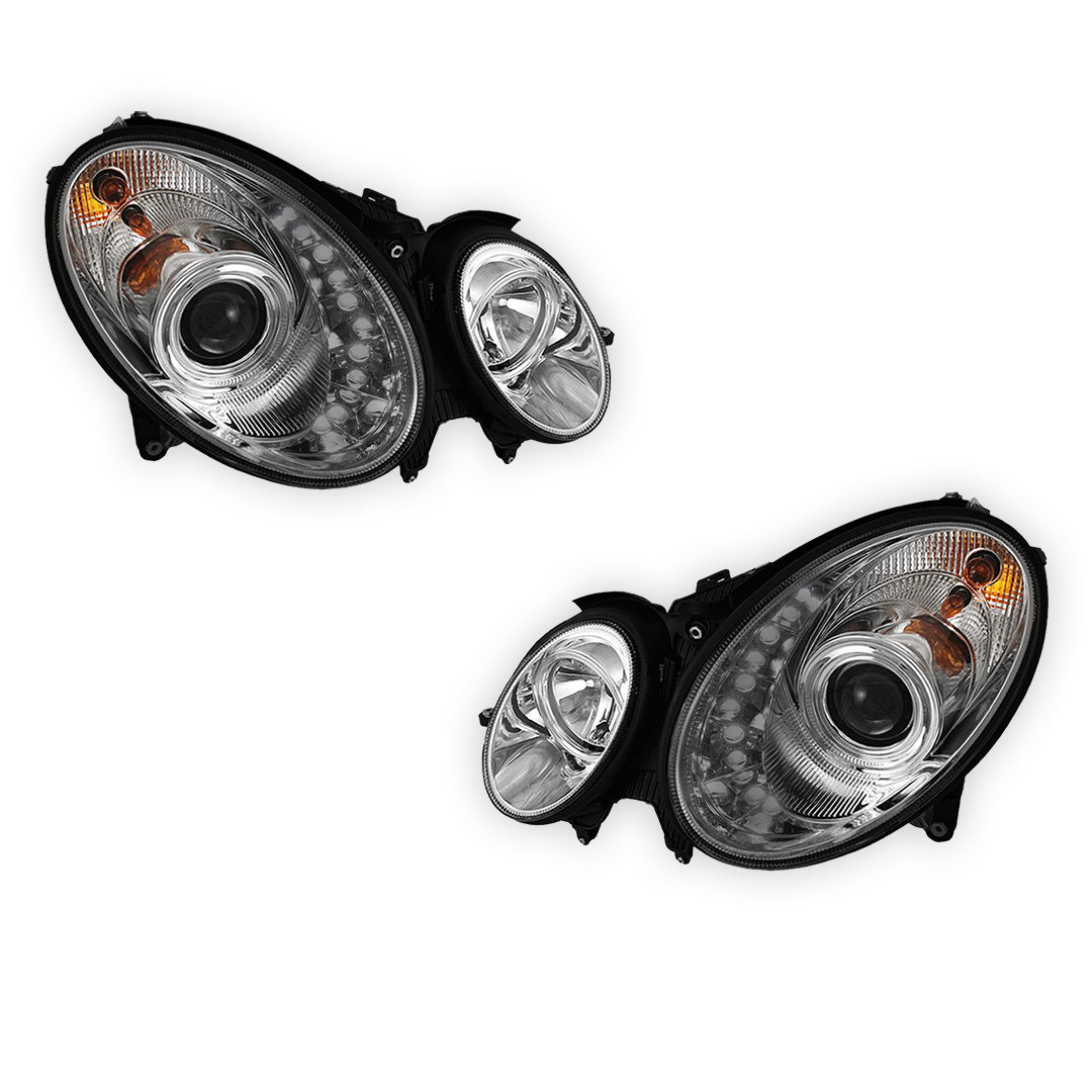 Mercedes-Benz E-Class W211 (2003 - 2008) Halogen Model Crystal DRL LED Projector Headlights LH + RH