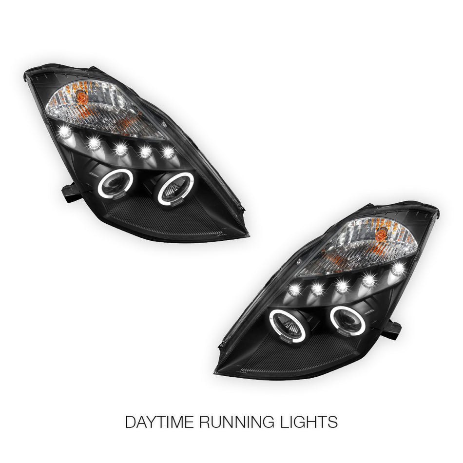 Nissan 350Z Z33 Series 1 (2003 - 2005) Black Angel Eyes Projector Headlights LH + RH