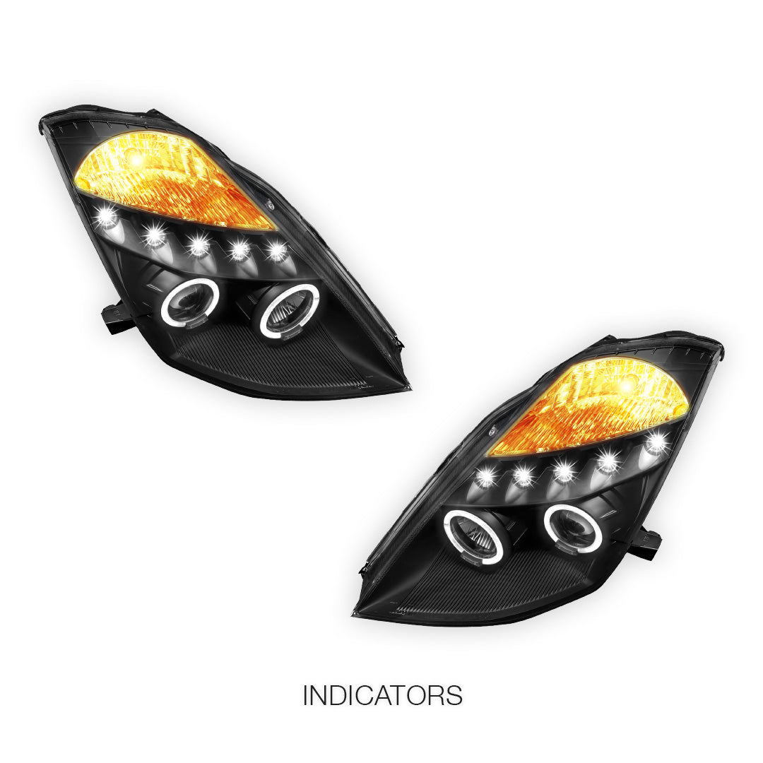 Nissan 350Z Z33 Series 1 (2003 - 2005) Black Angel Eyes Projector Headlights LH + RH