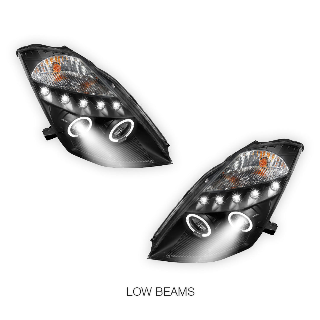 Nissan 350Z Z33 Series 1 (2003 - 2005) Black Angel Eyes Projector Headlights LH + RH