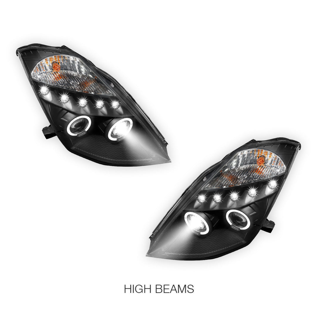 Nissan 350Z Z33 Series 1 (2003 - 2005) Black Angel Eyes Projector Headlights LH + RH