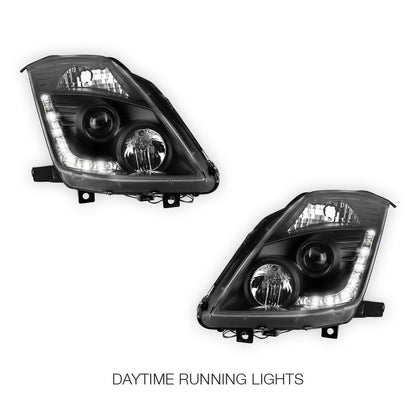Nissan 350Z Z33 Series 2 (2006 - 2008) JDM Black LED DRL Projector Headlights LH + RH