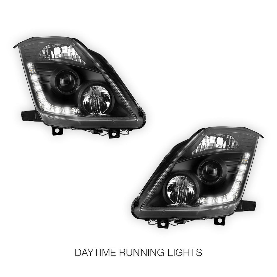 Nissan 350Z Z33 Series 2 (2006 - 2008) JDM Black LED DRL Projector Headlights LH + RH
