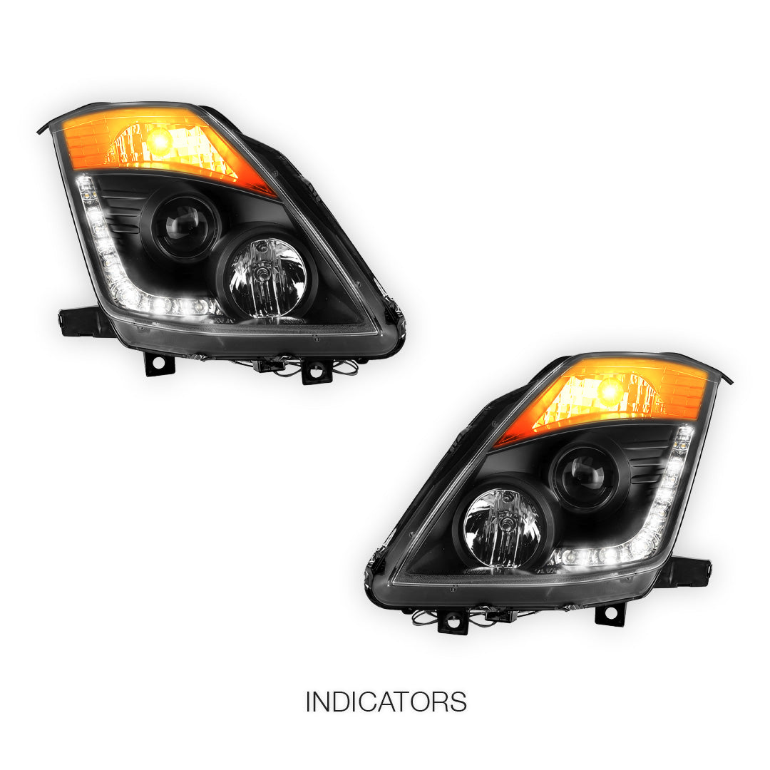 Nissan 350Z Z33 Series 2 (2006 - 2008) JDM Black LED DRL Projector Headlights LH + RH