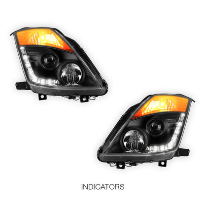 Nissan 350Z Z33 Series 2 (2006 - 2008) JDM Black LED DRL Projector Headlights LH + RH
