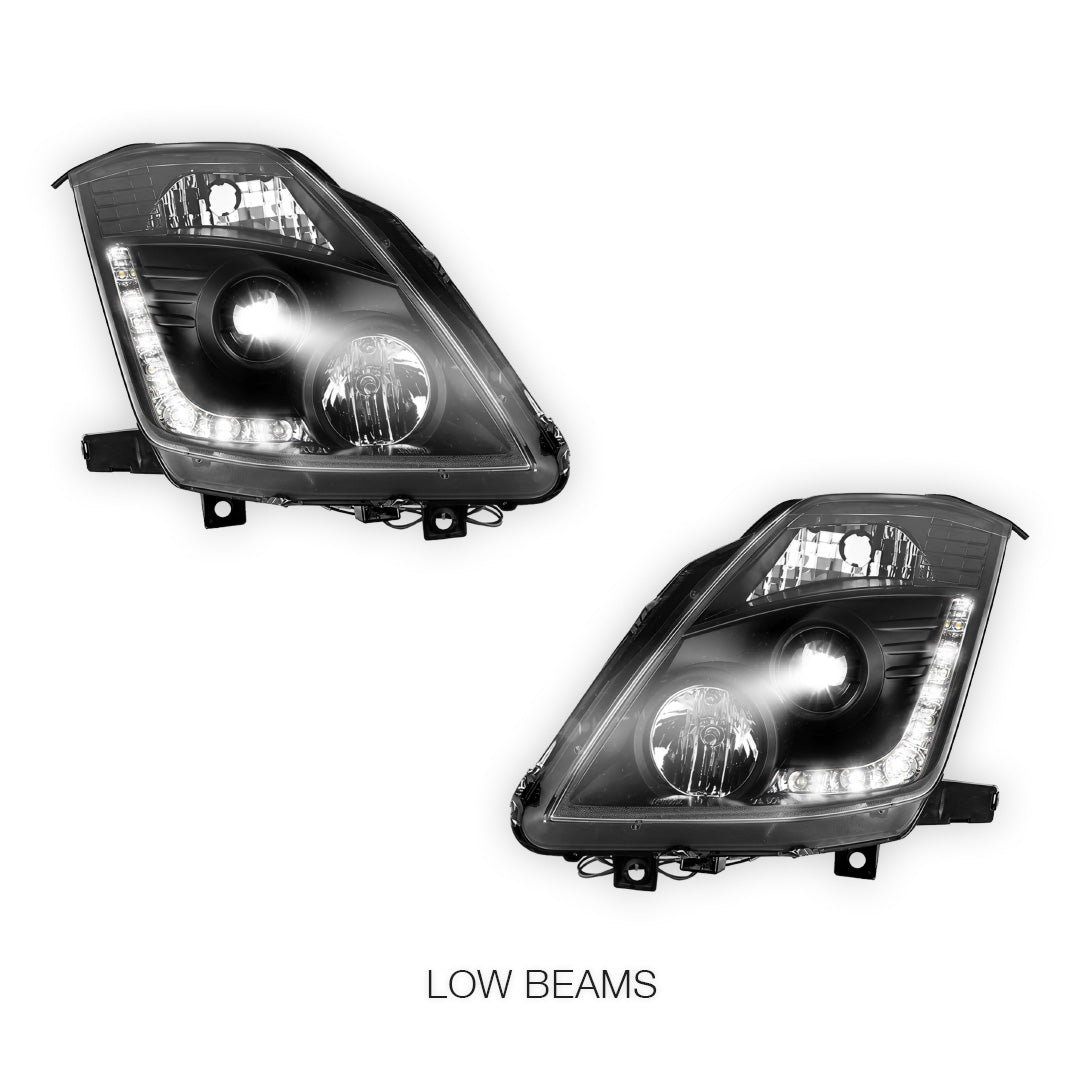 Nissan 350Z Z33 Series 2 (2006 - 2008) JDM Black LED DRL Projector Headlights LH + RH