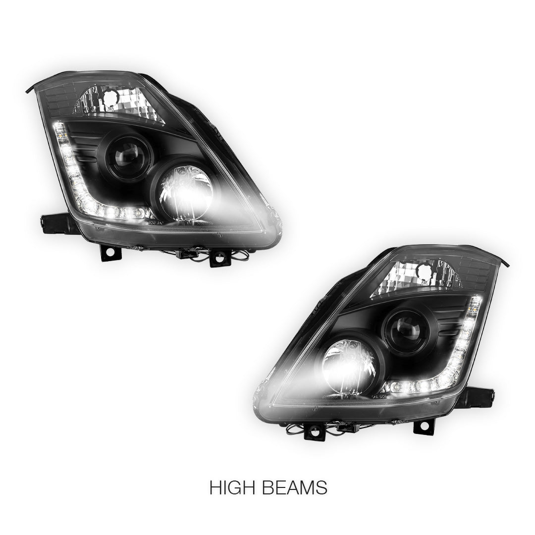 Nissan 350Z Z33 Series 2 (2006 - 2008) JDM Black LED DRL Projector Headlights LH + RH