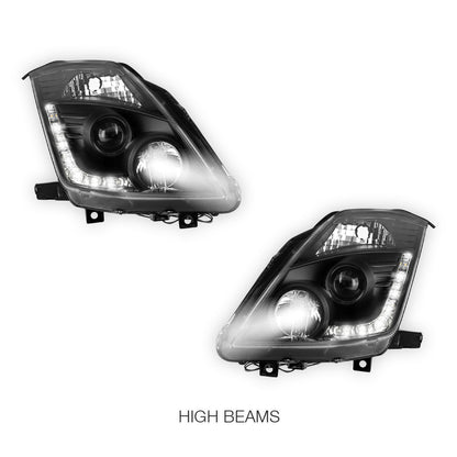 Nissan 350Z Z33 Series 2 (2006 - 2008) JDM Black LED DRL Projector Headlights LH + RH