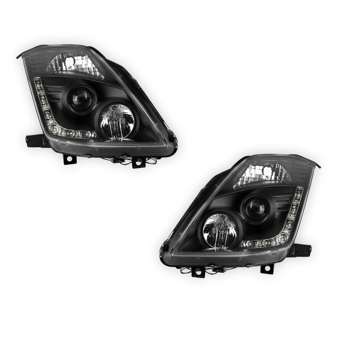 Nissan 350Z Z33 Series 2 (2006 - 2008) JDM Black LED DRL Projector Headlights LH + RH