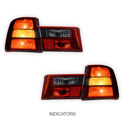 BMW 5 Series E34 (1987 - 1996) Smoked Red Halogen Tail Lights with Trunk Garnish Panel LH + RH