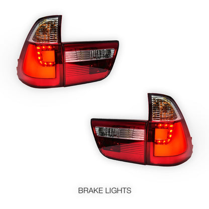 BMW X5 E53 (2000 - 2003) Clear Red 3D LED Stripe Bar Tail Lights and Trunk Garnish LH + RH