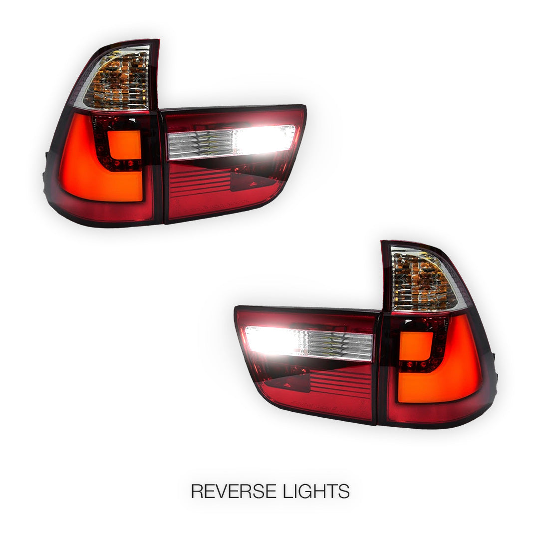 BMW X5 E53 (2000 - 2003) Clear Red 3D LED Stripe Bar Tail Lights and Trunk Garnish LH + RH
