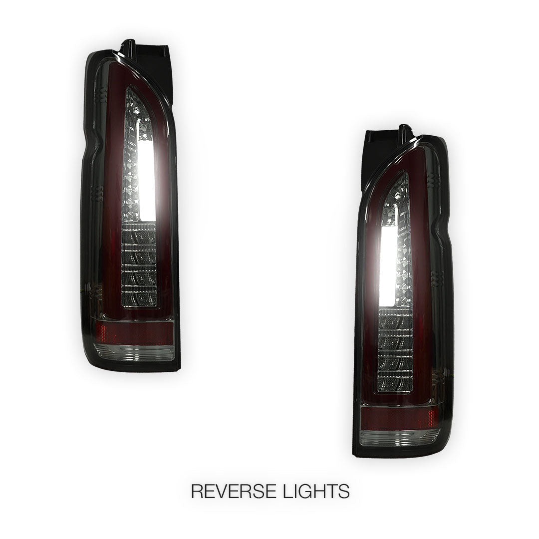 Toyota HiAce H200 (2005 - 2018) Smoked Black Full 3D LED Stripe Tail Lights LH + RH
