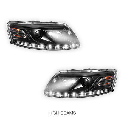 Audi A6 C6 (2004 - 2011) Black LED DRL Projector Headlights LH + RH