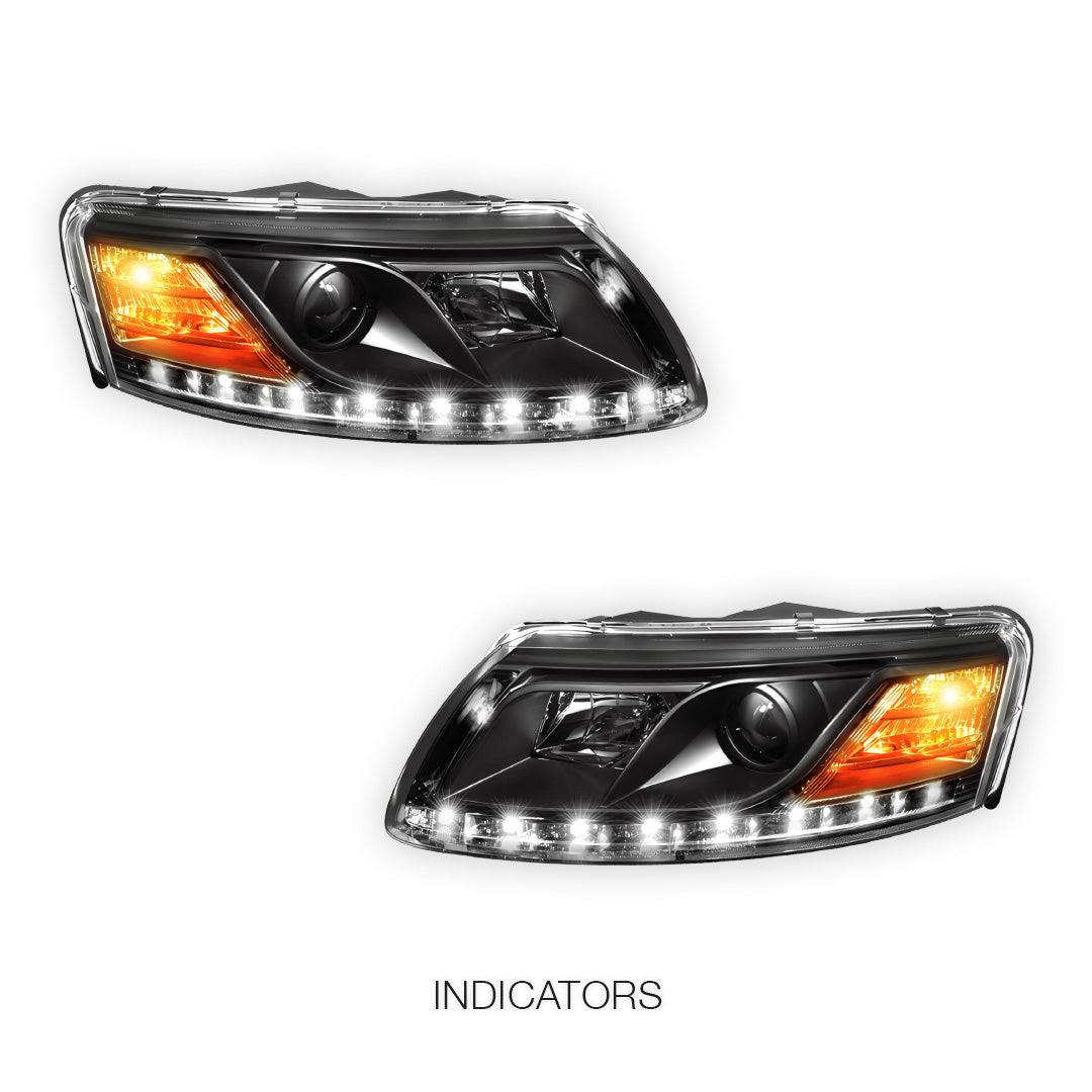 Audi A6 C6 (2004 - 2011) Black LED DRL Projector Headlights LH + RH