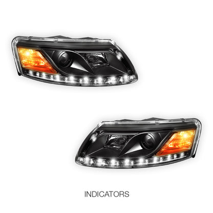 Audi A6 C6 (2004 - 2011) Black LED DRL Projector Headlights LH + RH
