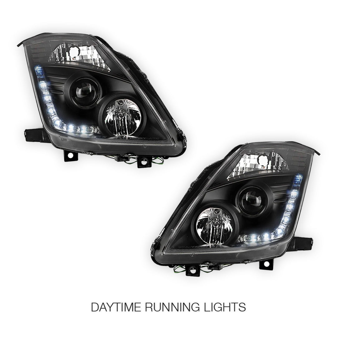 Nissan 350Z Z33 Series 2 (2006 - 2008) JDM Black LED DRL Projector Headlights LH + RH