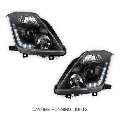 Nissan 350Z Z33 Series 2 (2006 - 2008) JDM Black LED DRL Projector Headlights LH + RH