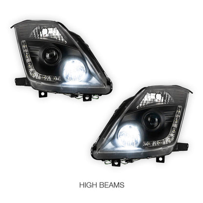 Nissan 350Z Z33 Series 2 (2006 - 2008) JDM Black LED DRL Projector Headlights LH + RH