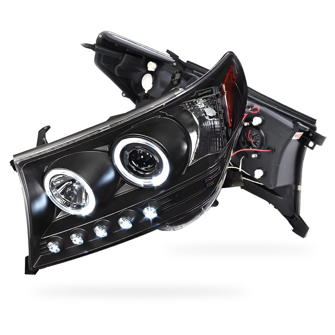 Toyota LandCruiser 200 Series LC200 / FJ200 (2007 - 2015) Black LED DRL & CCFL Angel Eyes Projector Headlights LH + RH