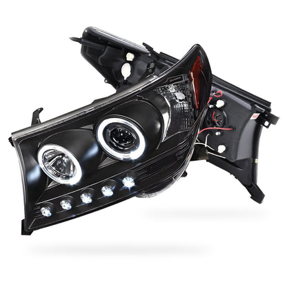 Toyota LandCruiser 200 Series LC200 / FJ200 (2007 - 2015) Black LED DRL & CCFL Angel Eyes Projector Headlights LH + RH