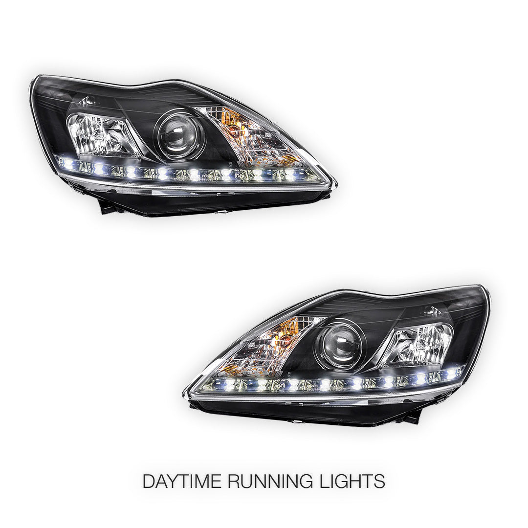 Ford Focus LV (2009 - 2011) Black Day Time DRL LED Projector Headlights LH + RH