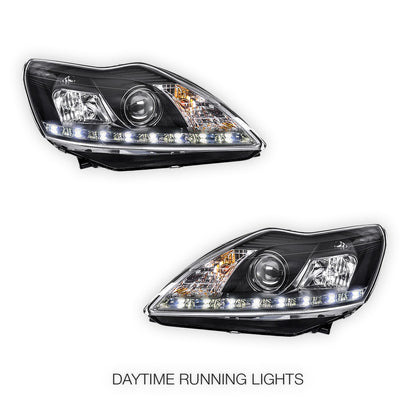 Ford Focus LV (2009 - 2011) Black Day Time DRL LED Projector Headlights LH + RH